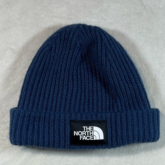 The North Face Blue Winter Beanie Winter Hat Ribbed Cotton Wool Front Logo - Picture 1 of 7